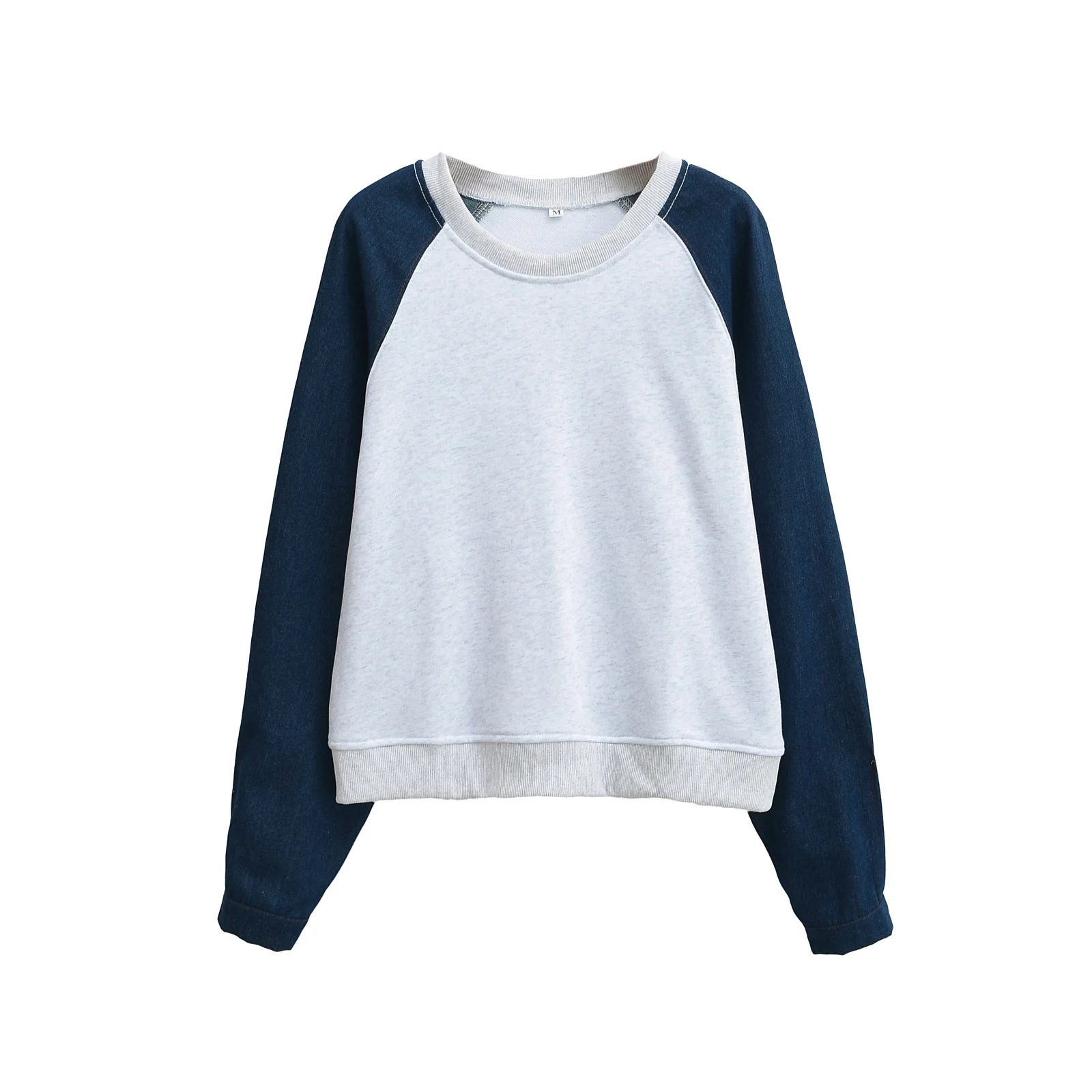 

JNLEAOG Autumn New Faionable Design Spliced Denim Sweatirt Set Women's Clothing Polyester Loose Fit Long Sve round Ne