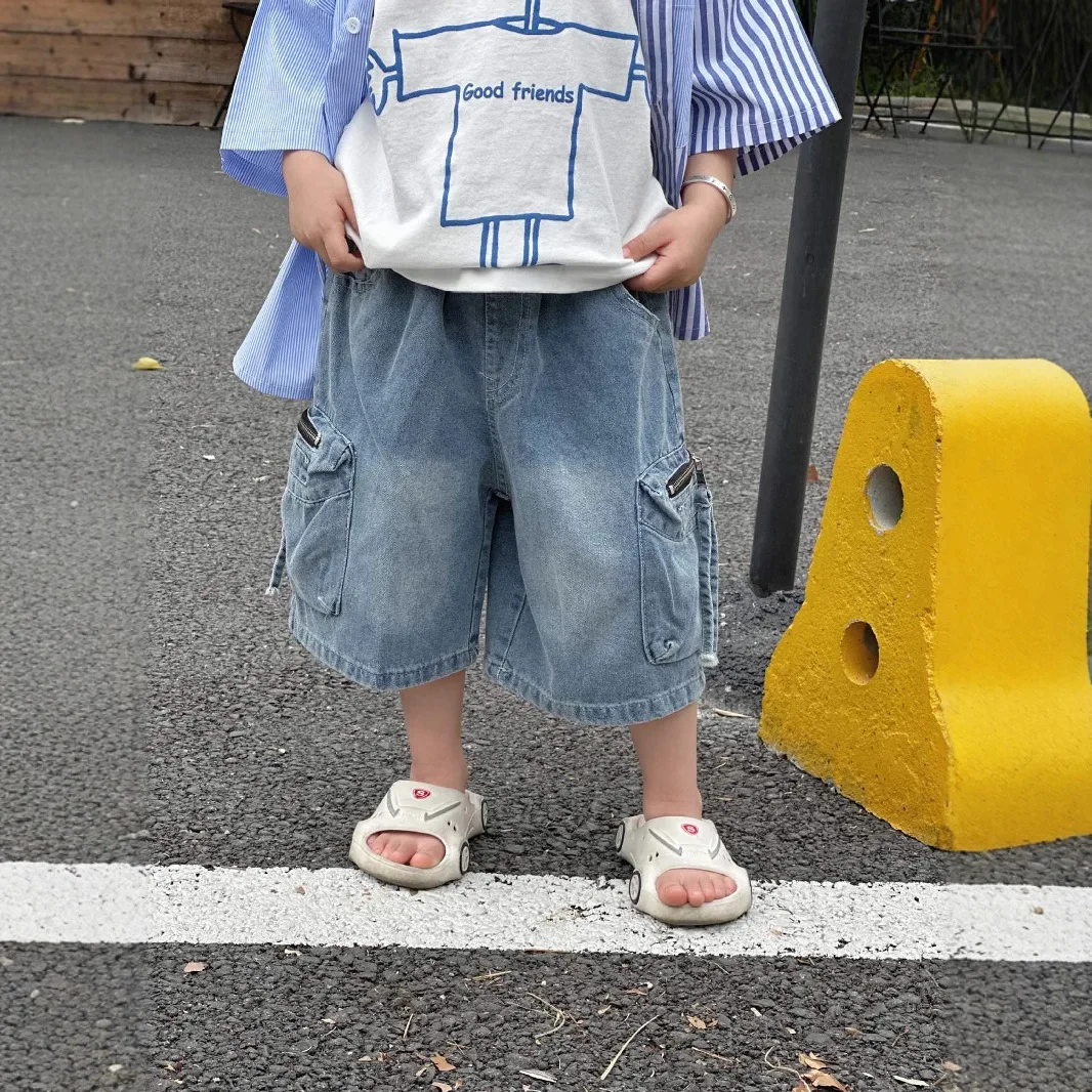 

Boys Pants 2025 Summer New Childrens Clothing Korean Style Boys Baby Relaxed Five Points Jean Shorts Casual Simple Daily