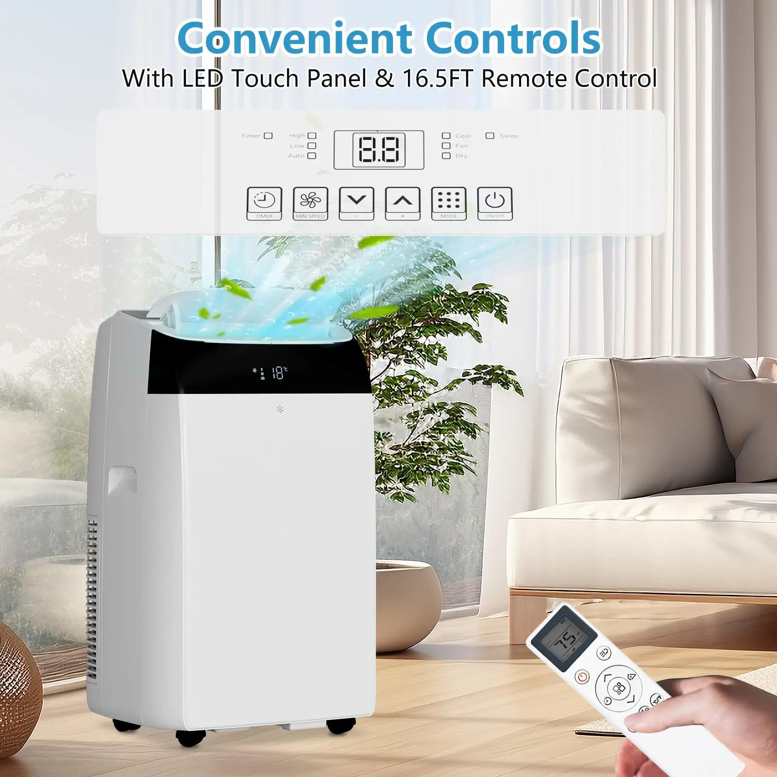 14000 BTU Portable Air Conditioner With Remote Control 3 In 1 Free Standing Cooling AC Unit With Fan And Dehumidifier Cools Room Up To 750 Sq Ft Smart Sleep Mode 24H Timer White