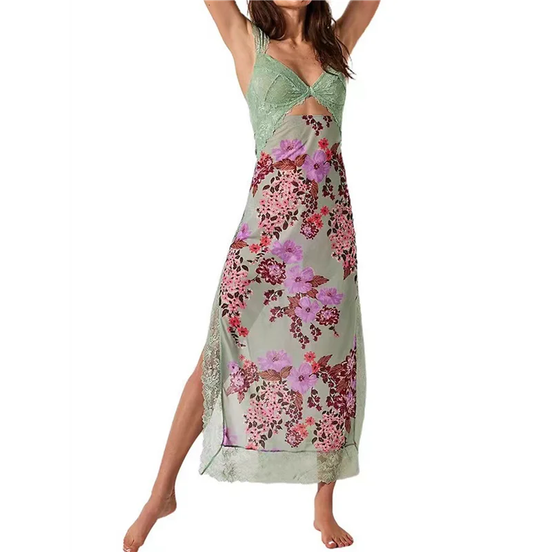 CYL-Women Lace Patchwork Mesh Maxi Dress Floral Print Cutout Sweetheart Neck Backless Slit Summer Y2K Long Dresses