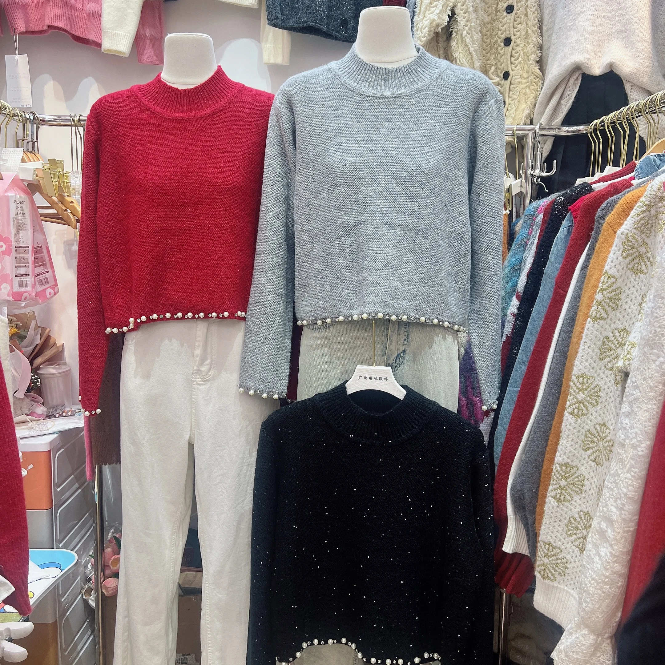 الملابس النسائية الخريف الربيع الجولة الرقبة بلون الديكور البلوز طويلة الأكمام سترة محبوك مكتب سيدة الصوف القمم N581