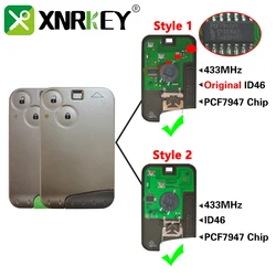 XNRKEY 2 Knop Afstandsbediening Autosleutel PCF7947/ID46 Chip 433 Mhz voor Renault Laguna Espace 2001-2006 Smart card Autosleutel