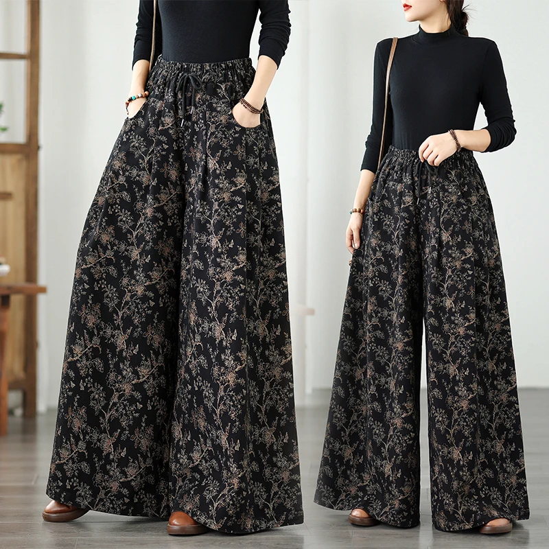 

Джинсы больших размеров с широкими штанинами, новые, с принтом, эластичные, свободные, стройнящие, повседневные, универсальные, прямого кроя, женские, с высокой талией