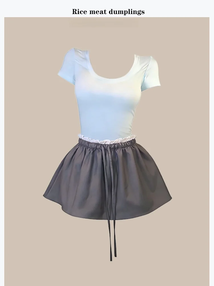 

Korean Style OOTD Matching Slimming U-Neck Top Ballet Style Fake Two-Piece Bloomer Skirt Set Women's Fashion Summer Outfit