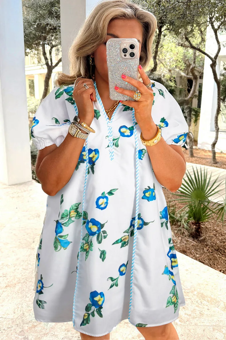 2023 sommer Neue Große Größe Pullover Kurzarm Kleid Frauen Casual Stil Floral Print Kurzes Kleid Casual Boho Strand Vestidos