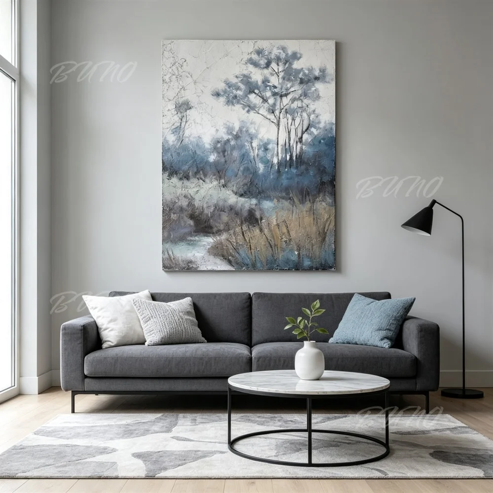 Hand Painted Original Abstract Oil Painting Textured Misty Forest Blue Landscape Wall Art For Home Living Room Bedroom Decor