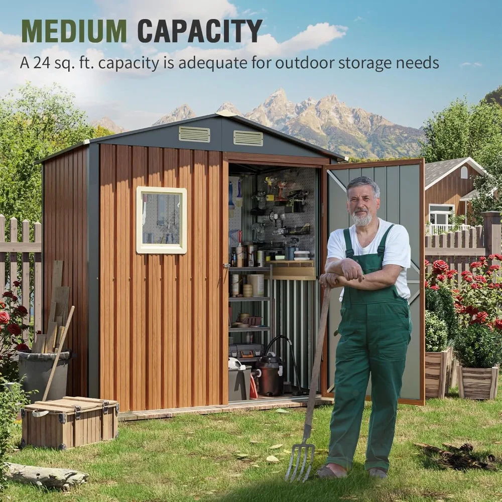 Outdoor Storage Shed 6x4 Ft, Lockable Metal Garden Shed with Window, Tool Shed Tiny House Vertical Outside Storage Building