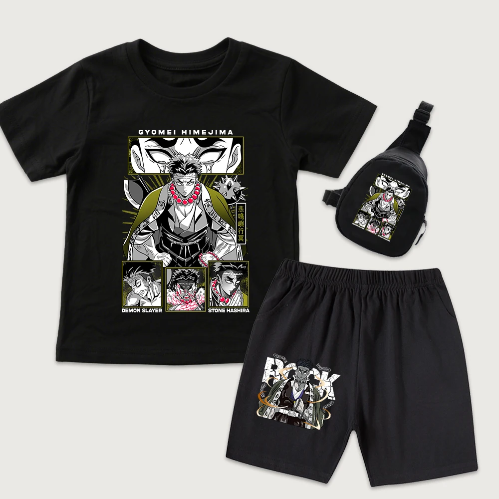 Demon Slayer Gyomei Print Kids Tshirt Shorts Set Mini Chest Bag 3PCS Summer Outfit Boys Girls Teens Anime Casual Streetwear