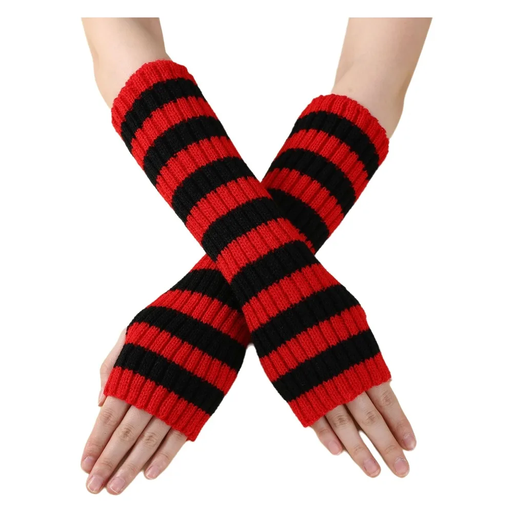 Punk Knitted Long Fingerless Gloves Striped Elbow Length Arm Warmers False Sleeves Goth Style Knitted Gloves Autumn Winter