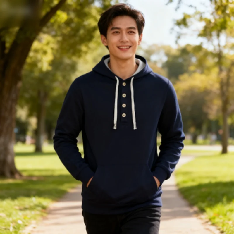 

Men'S Spring Autumn Long Sleeve pullover Loose Casual Sports Hooded Sweatshirt Mens Solid Color Button V-neck Hoodies Sweatshirt