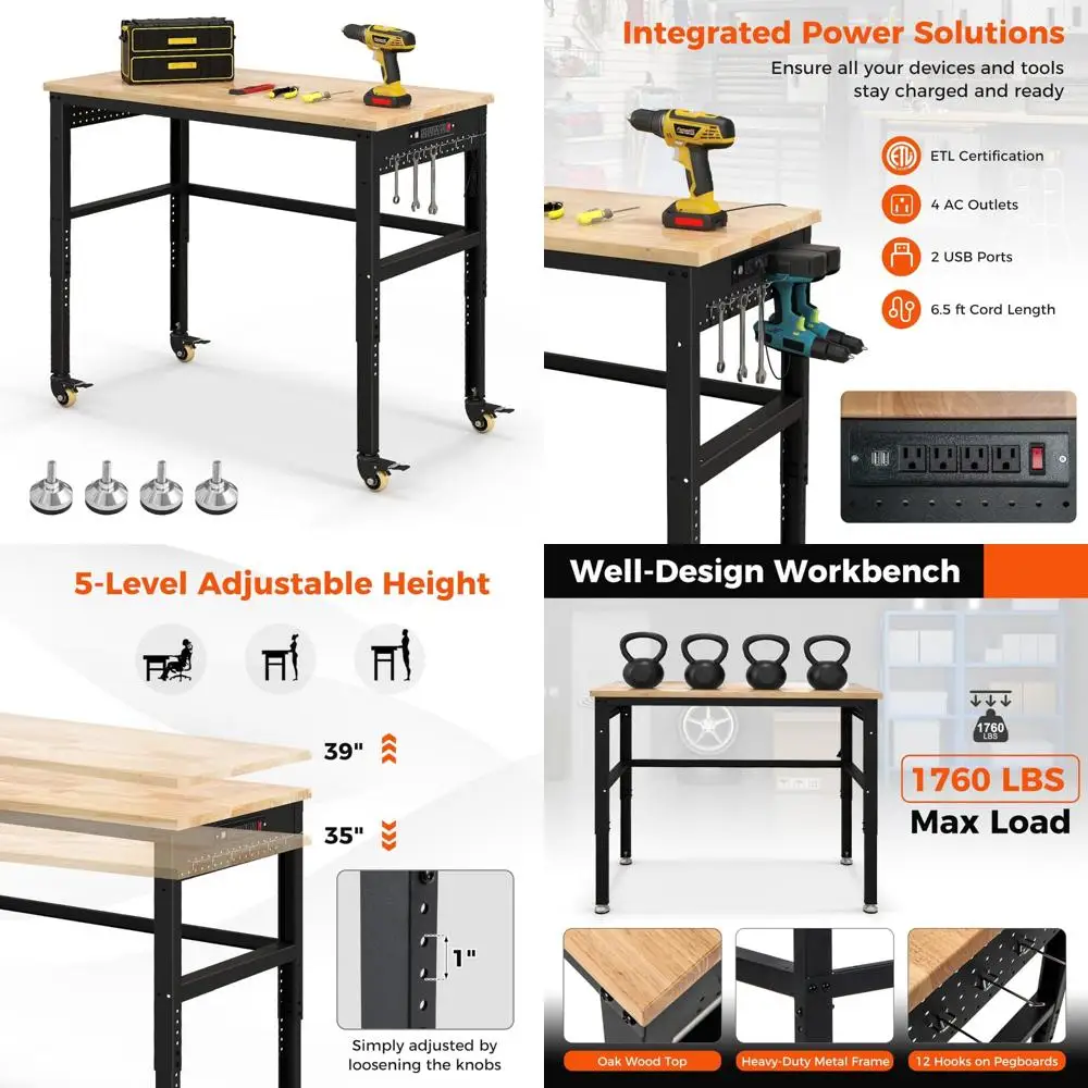 Adjustable 48 Oak Wood Workbench with Power Outlet, Universal Lockable Wheels, and Non-Slipping Footpads