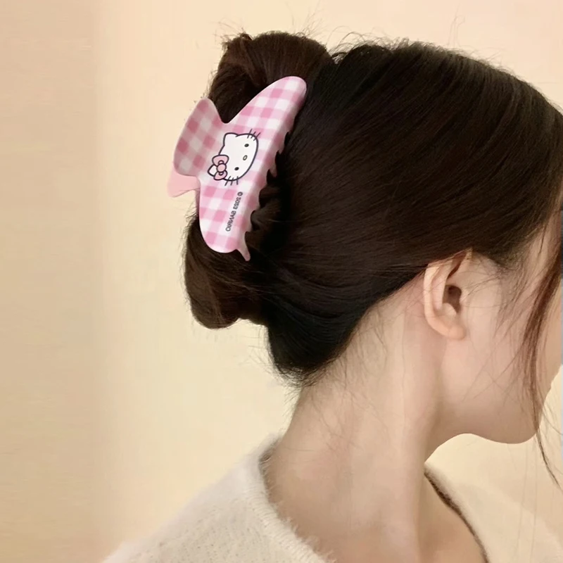 Sanrio HelloKitty 10.7cm Checkered Hair Clip Women Cute Melody Cinnamoroll Hair Claw Girl Kuromi Hairpins Kids Birthday New Gift