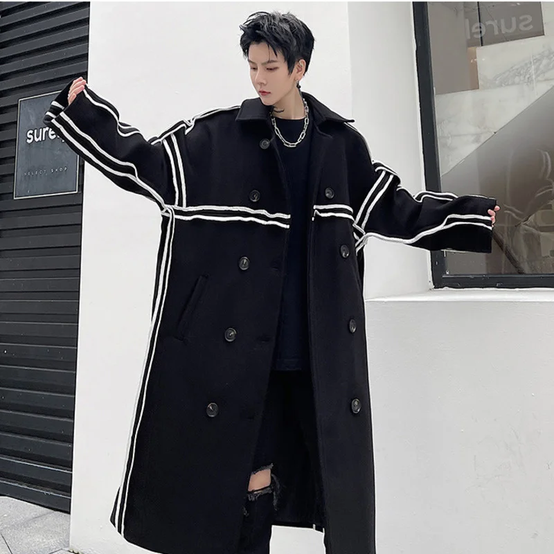 Striped Men\'s Cloth-trimmed Black Windbreaker Spring Autumn New Double-breasted Lapel fit Overcoat Casual Trench Coats