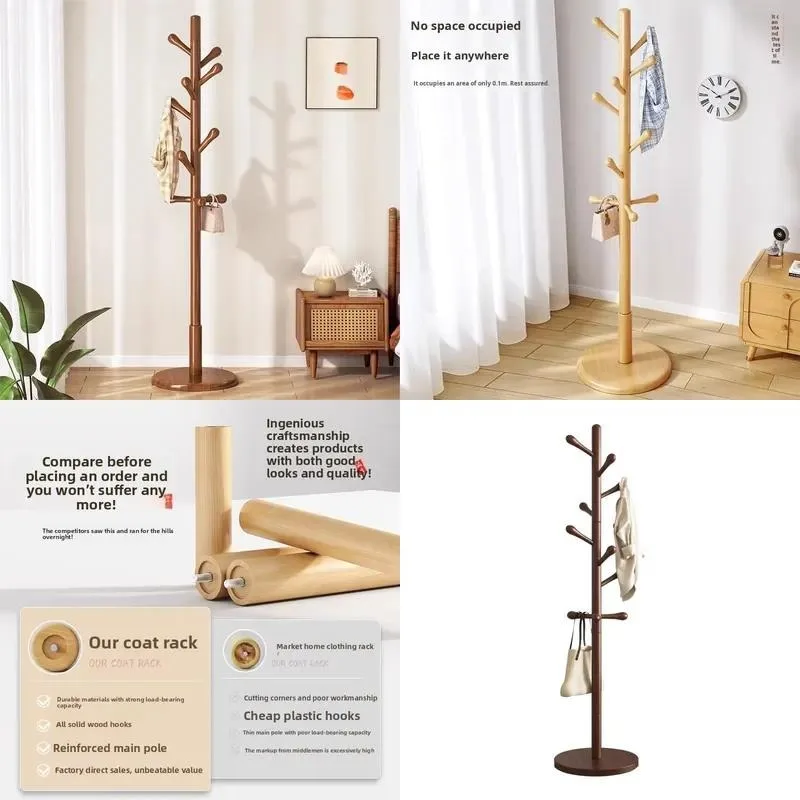 Solid Wood Floor Standing Coat Rack Single Double Rod Living Room Hanger Simple Bag Rack New Chinese Style Furniture