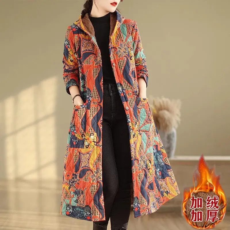 Mid Length Floral Hooded Jacket Women\'s Winter 2023 New Vintage Warm And Loose Fitting Oversized Coat Fleece Clothing Z3504