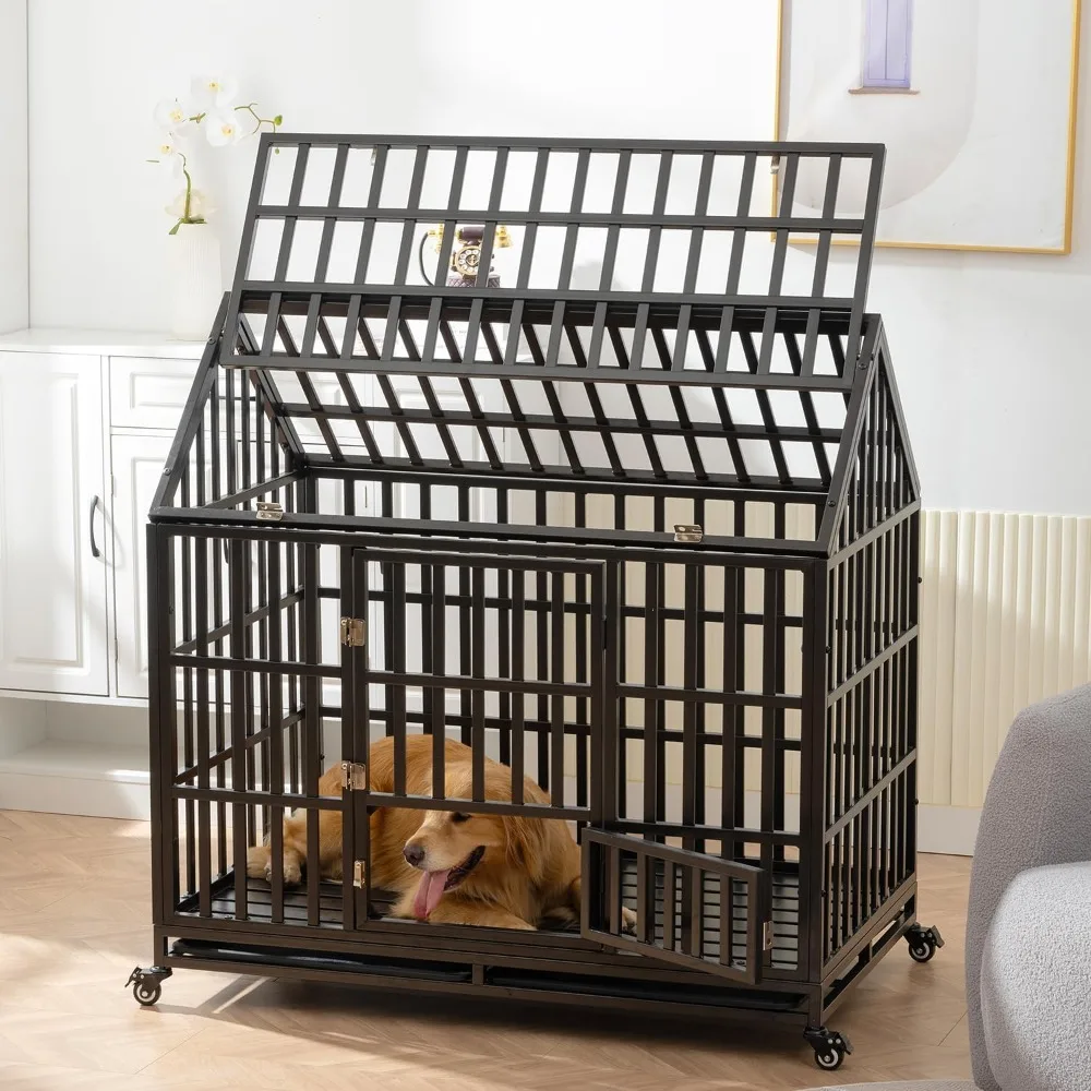 

48 Inch Heavy Duty Dog Crate, Indestructible Escape Proof XL Metal Dog Kennel Cage for Large Medium Small Dogs, Indoor High Anxi