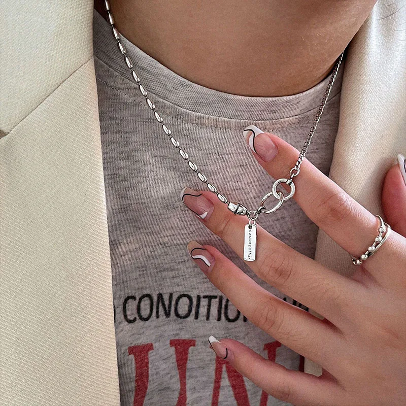 S925 Sterling Silver Square Necklace Female Korean Version Clavicle Chain Net Red Retro Hip-hop Cool Style Jewelry