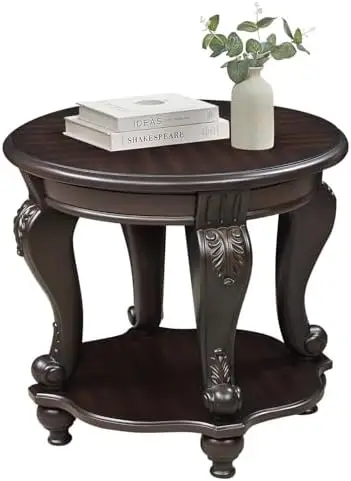 Espresso Solid Wood Round Side Table with Shelf, 22' W x 19.5' D x 20.5' H