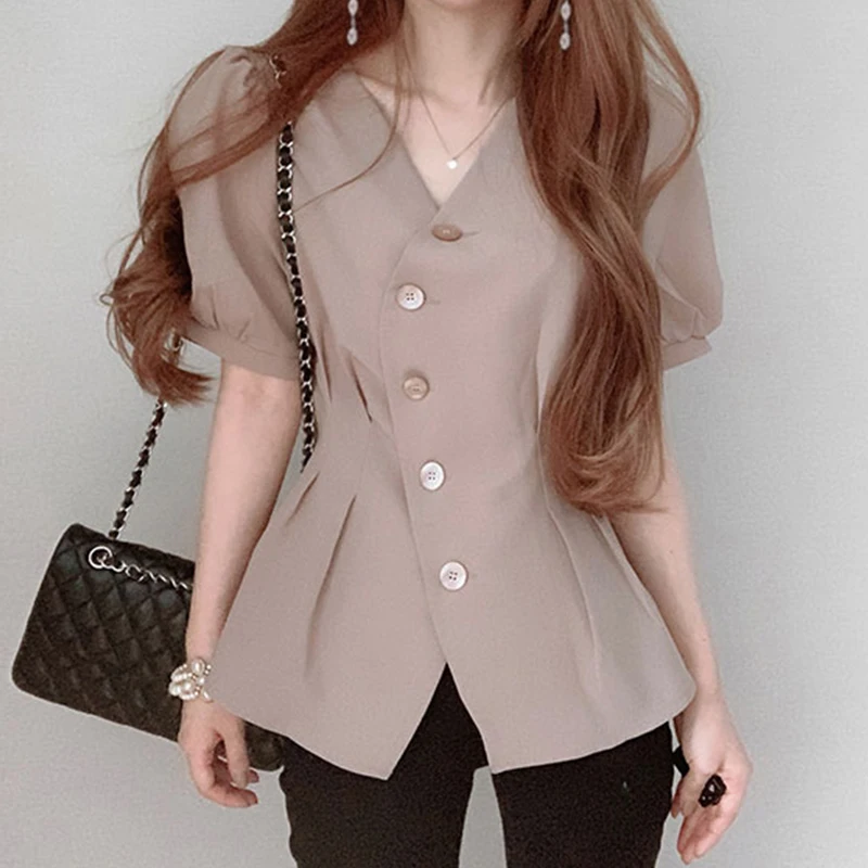 

Slim Fit V-Ne Bubble Sve irt Женский шикарный летний уникальный дизайн на одной пуговице Повседневный модный ort Sve irt