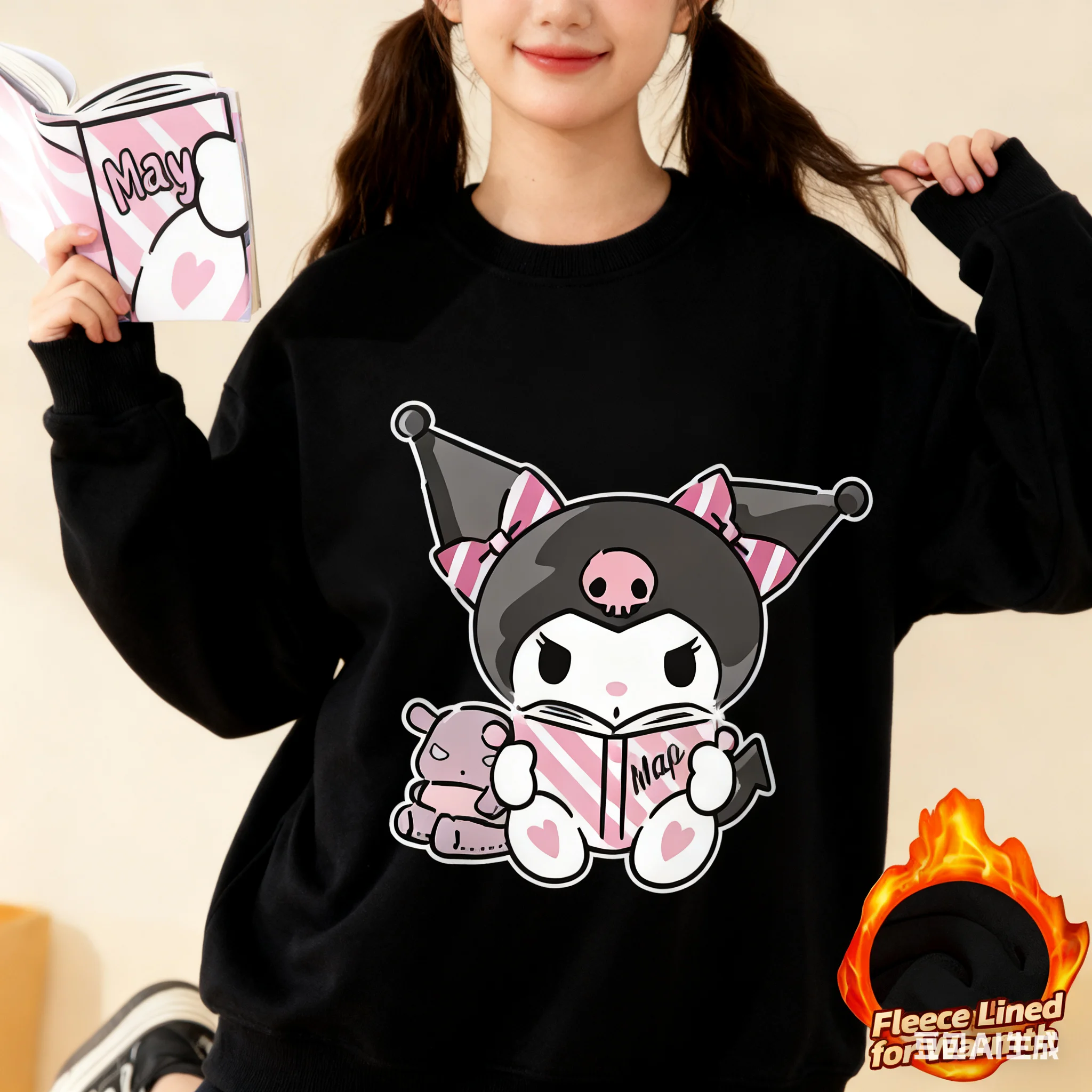 

Sanrio Series Printed Crew Neck Long-Sleeve Top, Cute and Warm Fleece-Lined Crew Neck Long-Sleeve T-Shirt, 100% Cotton