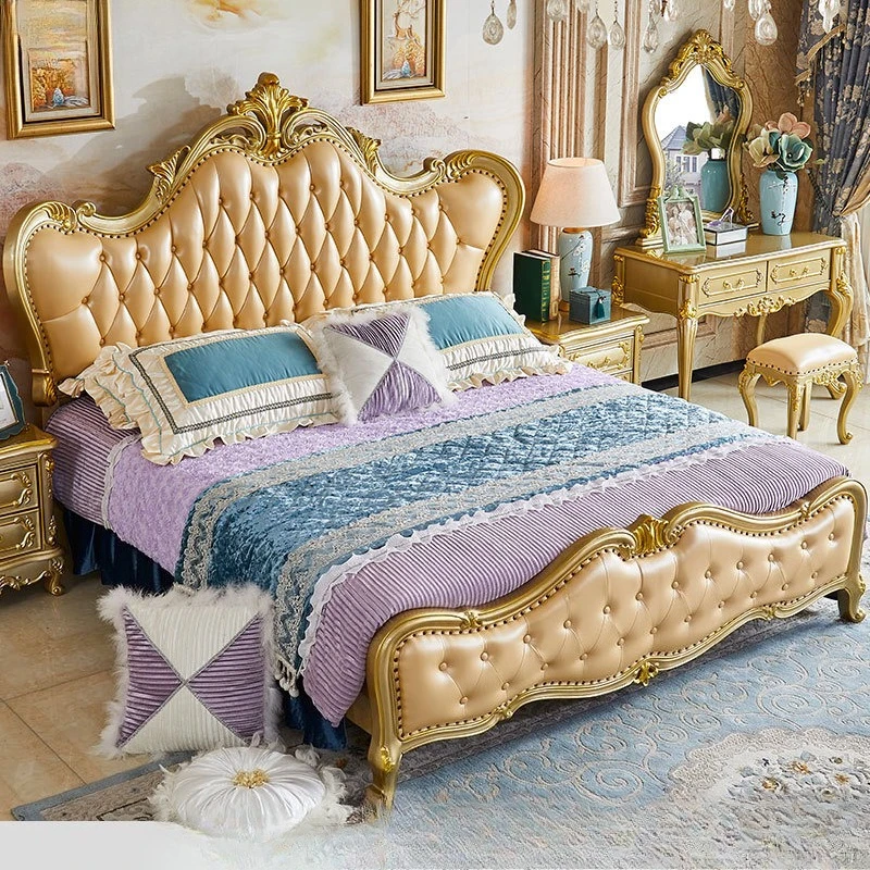 

European solid wood double bed, bedroom furniture luxury classical, luxury European and American oak, carved gold