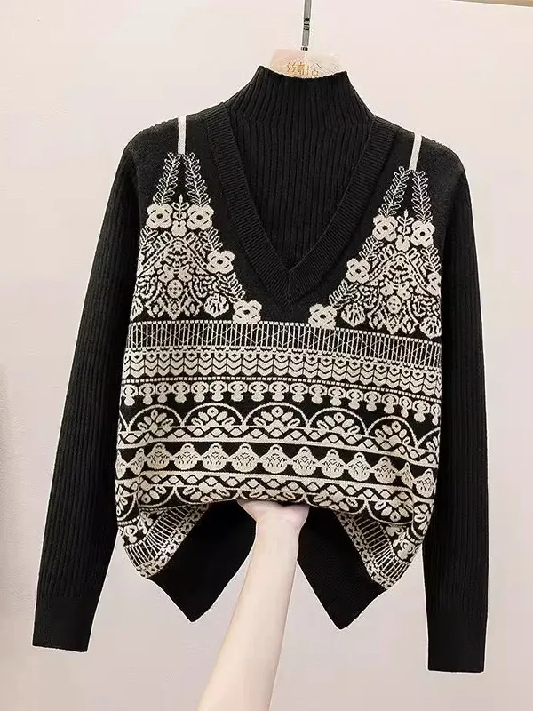 

plus Size Knitted Sweater Women's Autumn Winter f High Collar Floral Embroidery Thiened Long Sve Top for Commuting