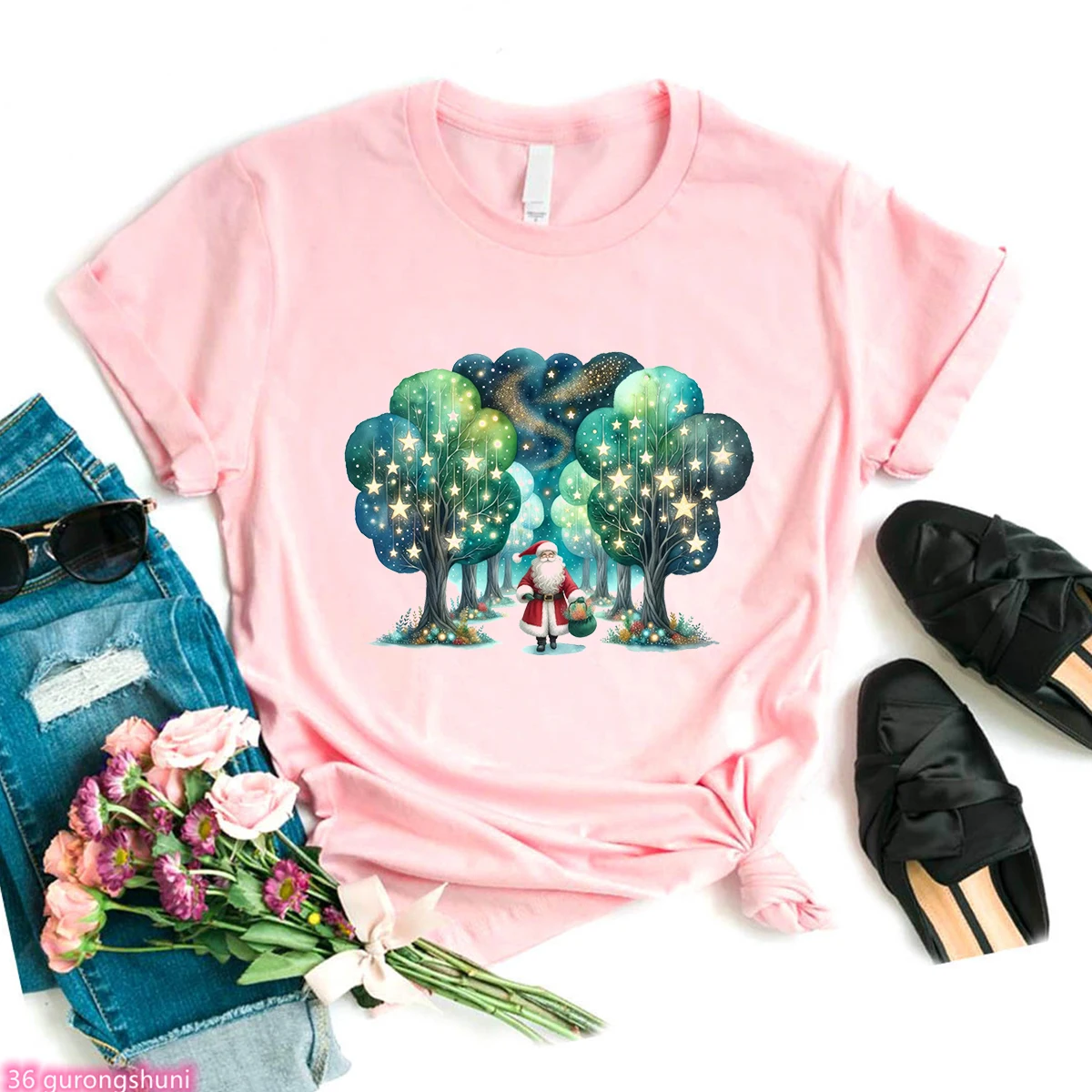 2025 New Year'S Clothing, Women'S T-Shirt Funny Santa Claus Prints Tshirt, Christmas Party Clothing, Fashion Femme Pink Tshirt