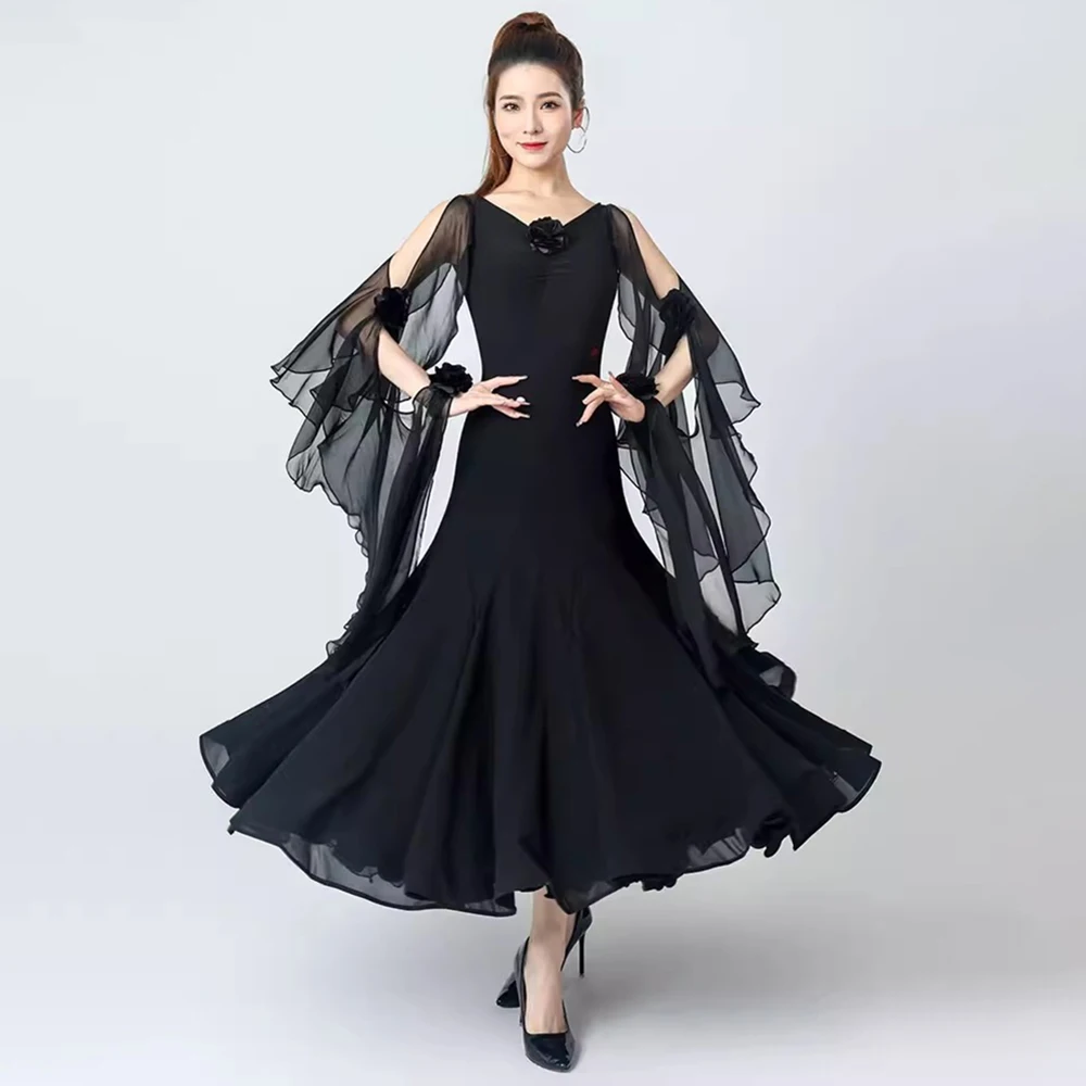 

New Modern Dance Dress Elegant Flower Floating Sleeves Women Ballroom Dance Costume Big Swing Party Waltz Performance Clothes