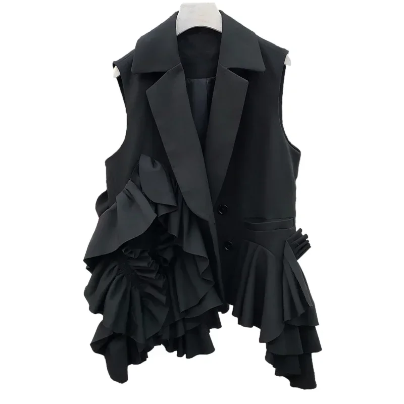 Spring Autumn Irregular Layered Ruffles Design Loose Black Blazer Vest Women Ruched Suit Waistcoat Female Sleeveless Jacket Coat