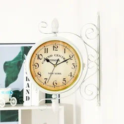 Double Sided Train Station Waterproof Wall Clock White for Garden Retro Wrought Metal Wall Clock Silent Indoor Outdoor Decor