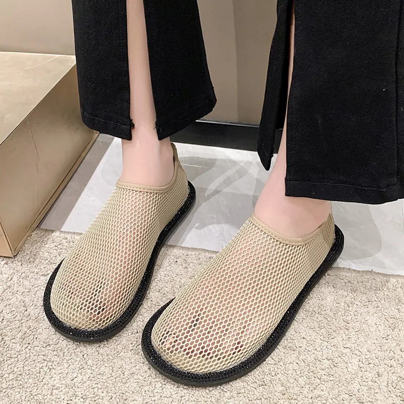 Spring Summer New Sandals Women Mesh Hollow Out Cool Boots Round Toe Breathable Flat Sandals Solid Zipper Casual Shoes for Women