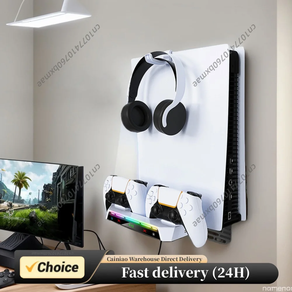 Shelf Floating Mount & Charging Station W/ Headset Holder Metal Wall Hanging Charger Stand for 5 Slim Disc & Digital