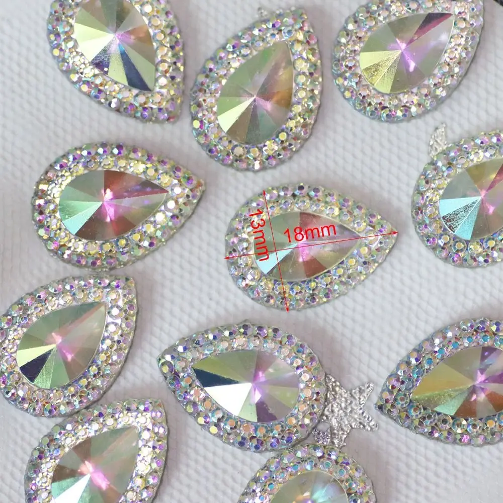 50 pz 13*18mm decorazioni di lusso fai da te Glitter goccia d'acqua strass AB resina colorata ornamento pietre di cristallo Applique Flatback