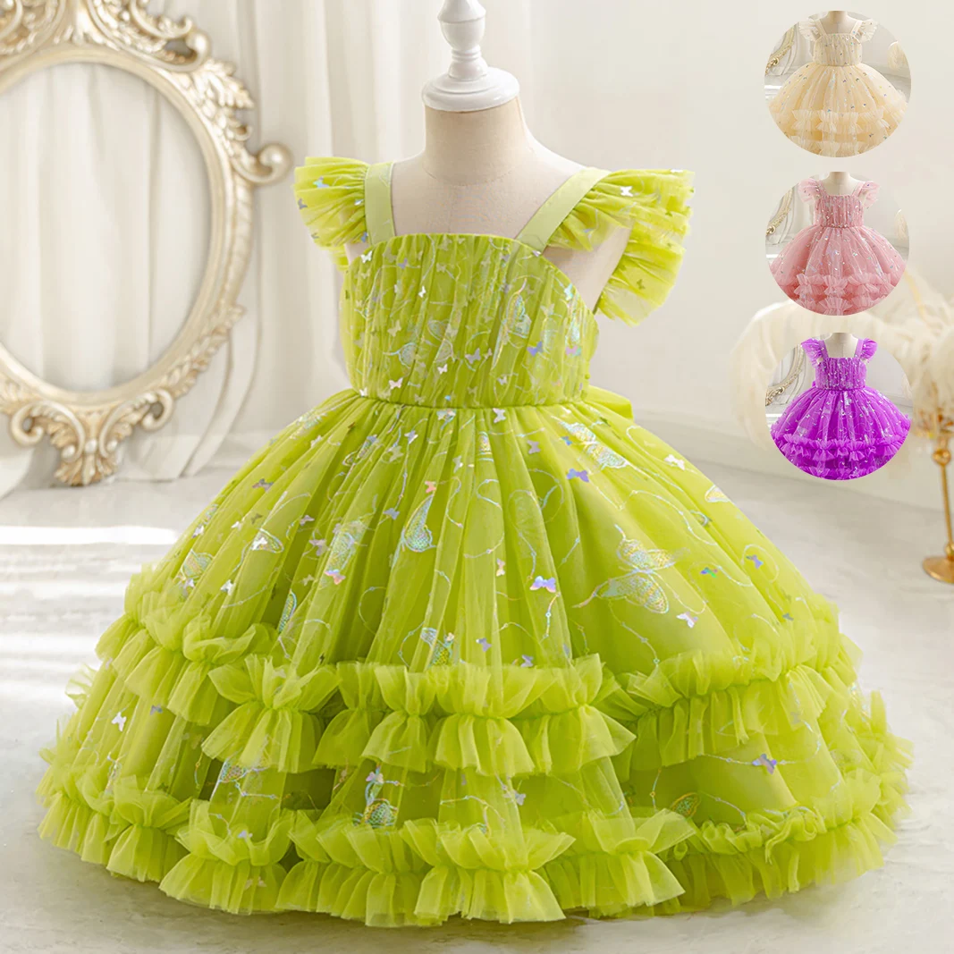 

2025 Fashion Kids Dresses For Girls Lace Mesh Short Sleeve Party Dress For Kids Girl Summer Princess Birthday Dresses 0-5 Years