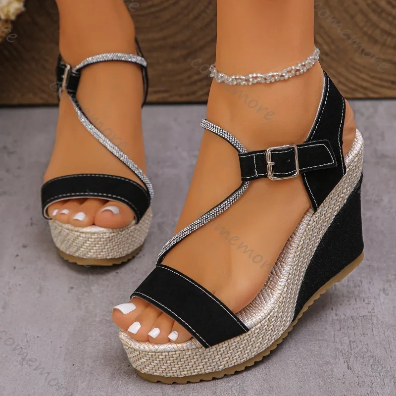 Sandalias de cuña negras de esparto para mujer con diamantes de imitación, correa cruzada y hebilla en el tobillo, plataforma, calzado de moda de verano para mujer