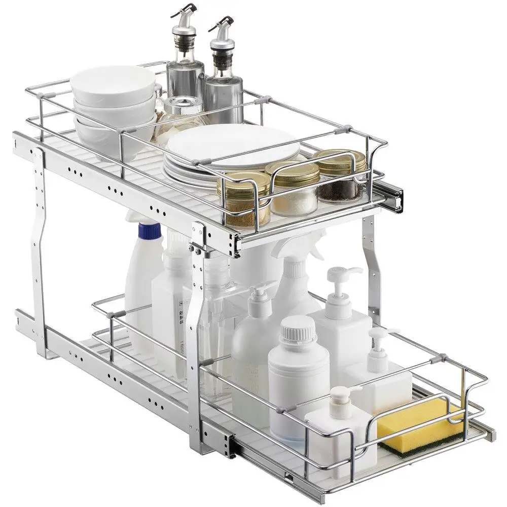 

2 Tier Wire Pull Out for cabinet Organizer Under Sink Drawer Basket 12x21x15 Install Size 13.5x22x18