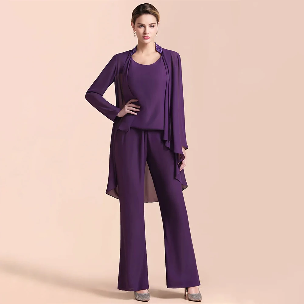 

Mother of the Bride Dress Women's Elegant Formal Outfit Round Neck Mom Long Sleeve Jacket & Pants Set Mother Dress Customized