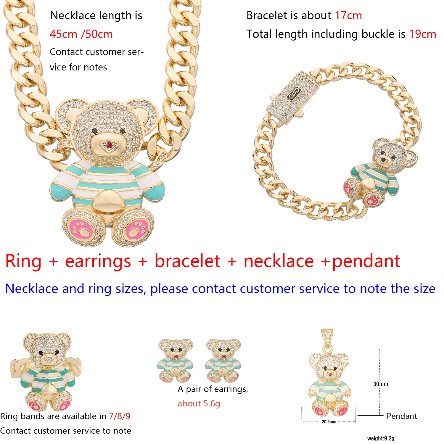 Cute bear jewelry for girls, matching, gifts, outfits, dressing up, crystal cubic zircon, cute girls jewelry