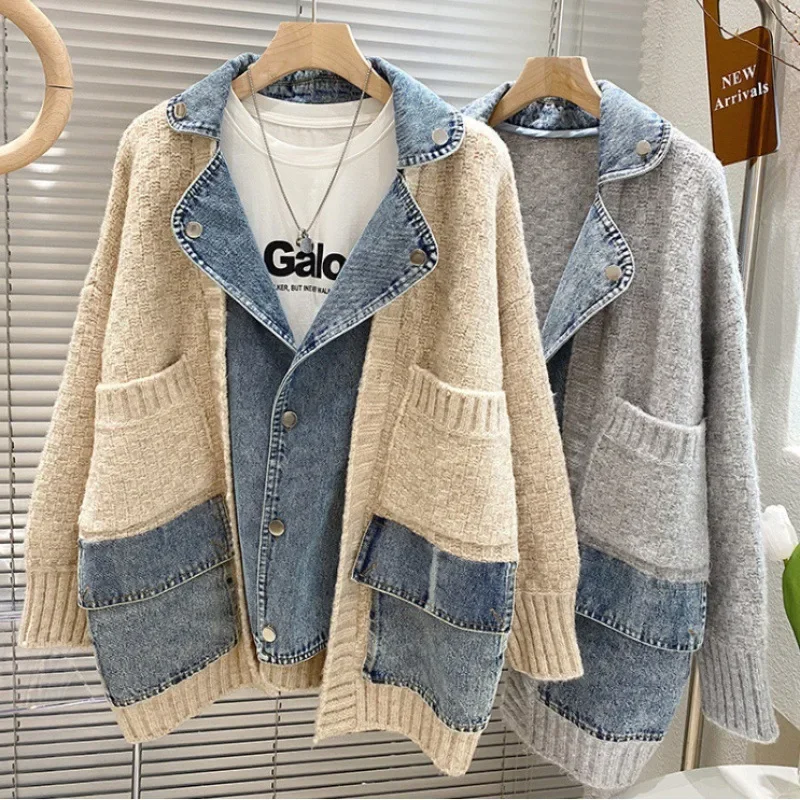 Fashion Denim Coat Women's Winter Personality Stitching Loose Lazy Style Thickened Sweater Trendy Cardigan Top