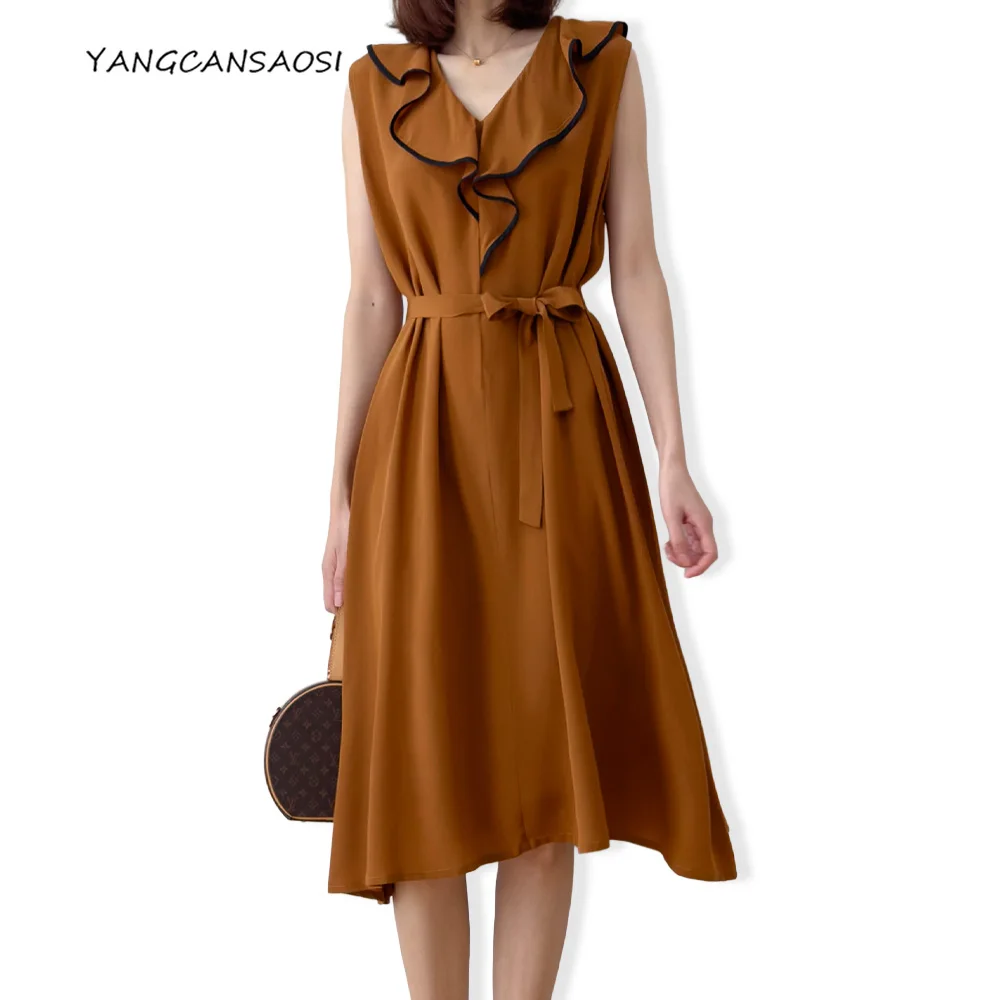 2026 Women's Casual Summer New French Caramel 100% Natural Mulberry Silk Double Crepe V-neck Sleeveless A-line Large Swing Dress