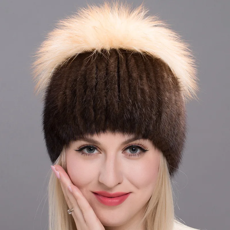 

European and American Winter New Mink Knitted Hat Women's True Fur Hat Fox Hair Thickened Warm Ear Protection Hat