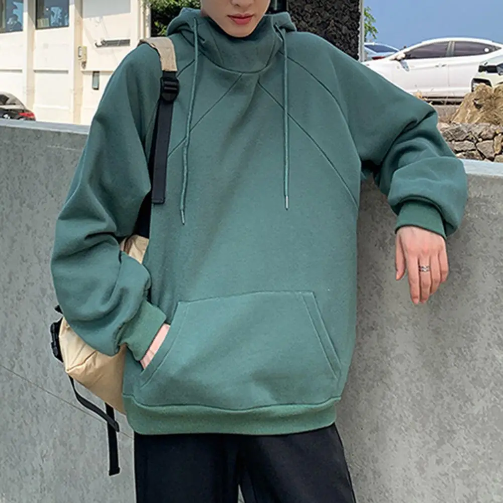 Men Pure Color Hoodie Men's Drawstring Hoodie with Patch Pocket Elastic Cuff Loose Fit Long Sleeve Pullover for Fall Spring Wear