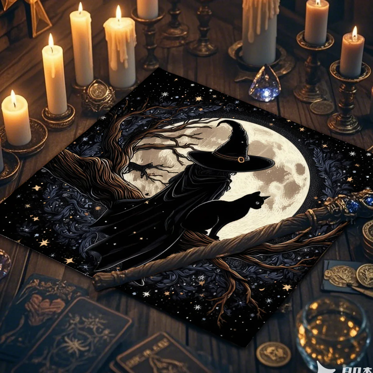 Nappe de Tarot créative de sorcière éclairée dans la lune, tissu de rituel d'autel, les passionnés de Tarot, utilisez-le pour l'astrologie, nappe en Polyester