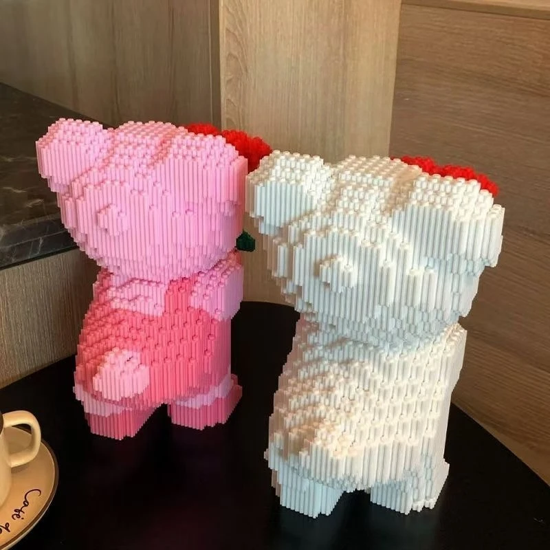 Pink Flower Teddy Bear Cartoon Building Bricks, Small Particle Assembly Set, Lovely Desktop Decoration, Sweet Present for Lovers
