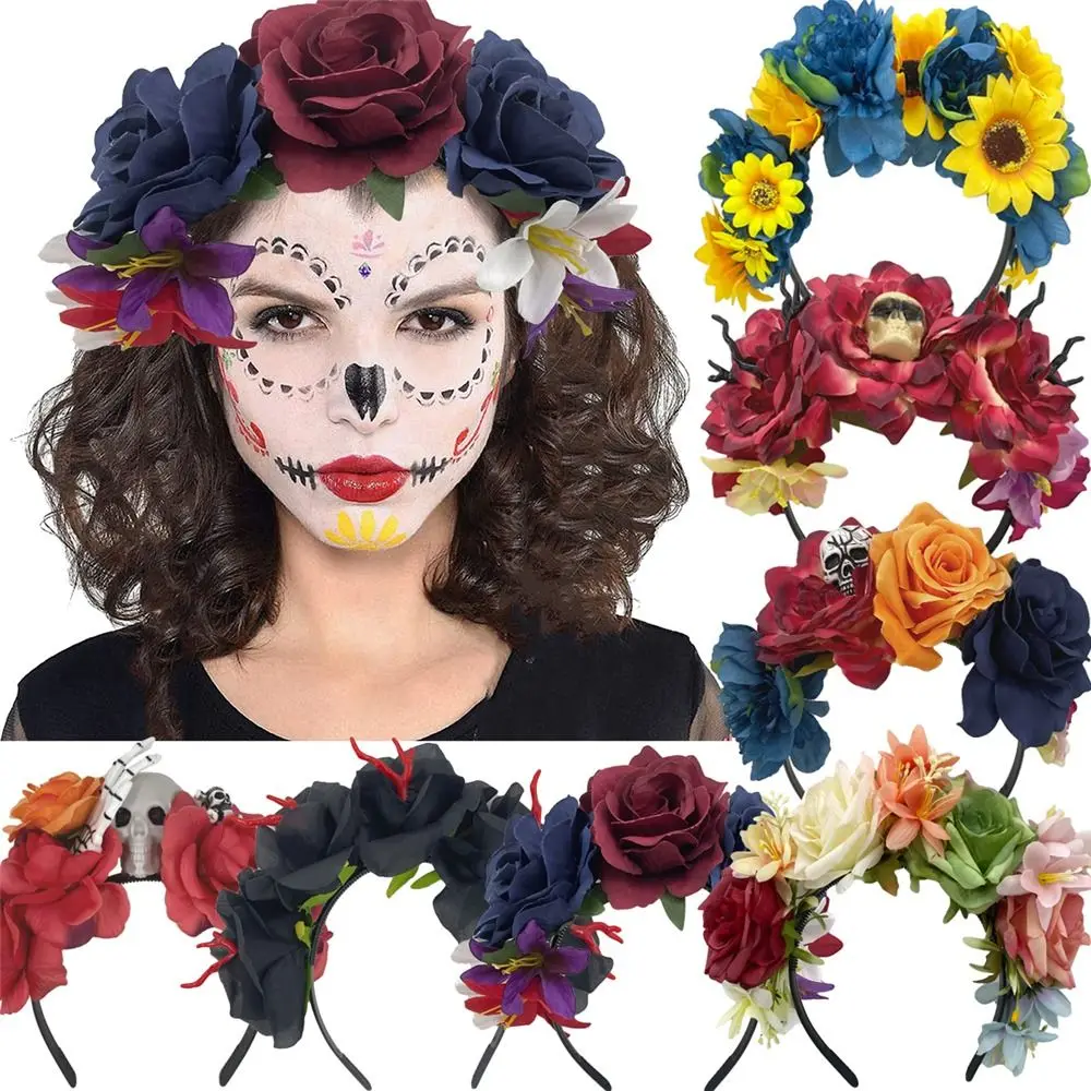 1pc Hot Halloween Rose Blume Krone Stirnband Mexikanische Blume Krone Boho Floral Regenbogen Haar Kopfschmuck für Party Kostüm Hochzeit – Detail 5