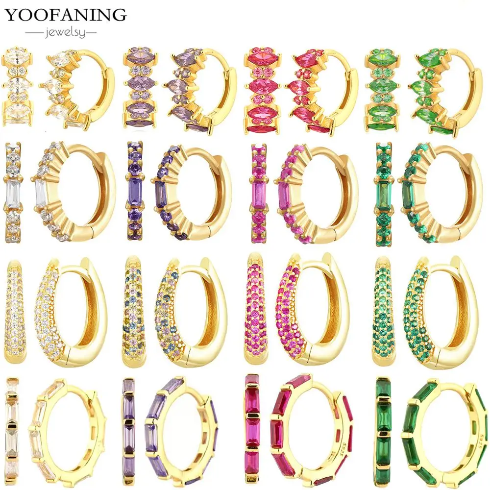 

925 Sterling Silver Ear Needle Colorful Crystal Gold Earrings for Women White/purple/rose Red/turquoise Jewelry Earrings Gift