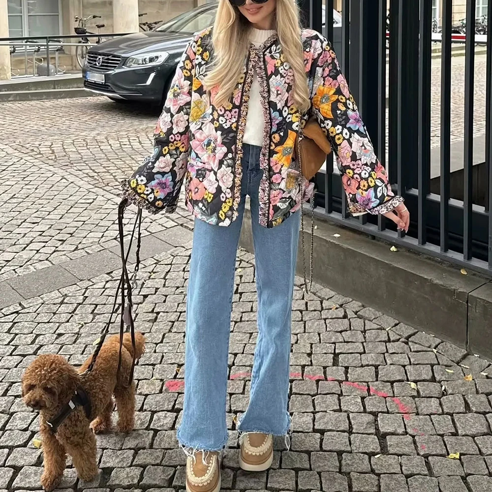 TWOTWINSTYLE Colorblock Printing Casual Coats For Women Round Neck Long Sleeve Patchwork Single Breasted Jackets Female Fashion