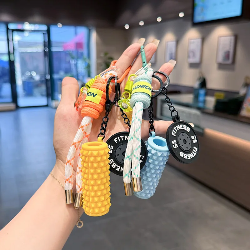 Fitness Yoga Keychain, Gym Accessories with Weight Plate Large Foam Roller Loops Clips for Bags Colorful Woven Rope Keychain