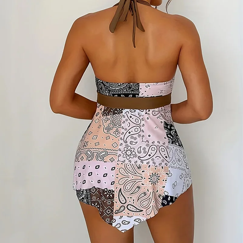 Verão duas peças maiôs mulher vintage impressão banho feminino tankini define v profundo beach wear maiô feminino terno de natação