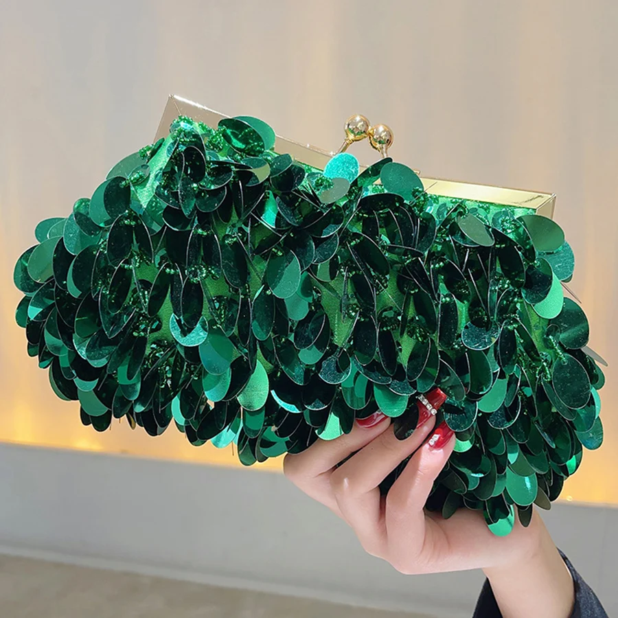 Fashion Sequins Beading Evening Bag Women Green Dinner Party Day Clutch Purse Hand-woven Chains Shoulder Bag Glitter Handbag Sac